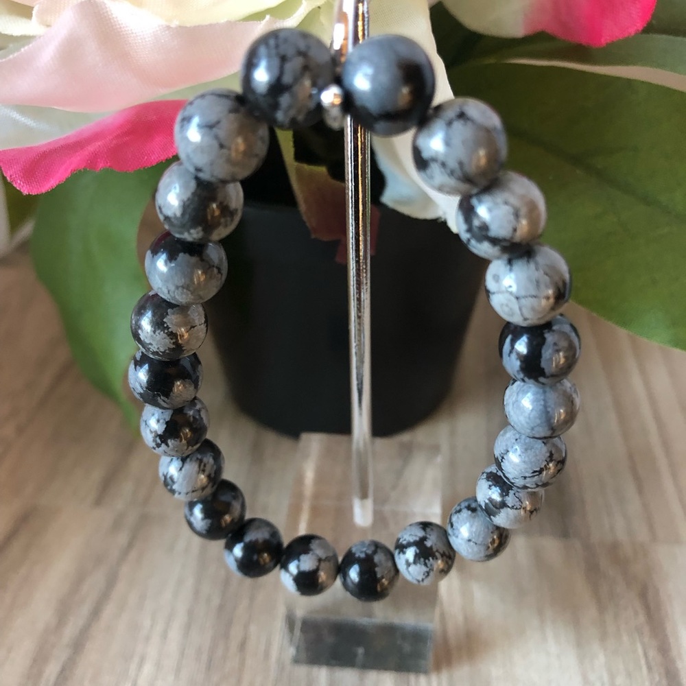 Black Snowflake Natural Stone Beads Stretchable Bracelet 7" - 8mm Beads Gift